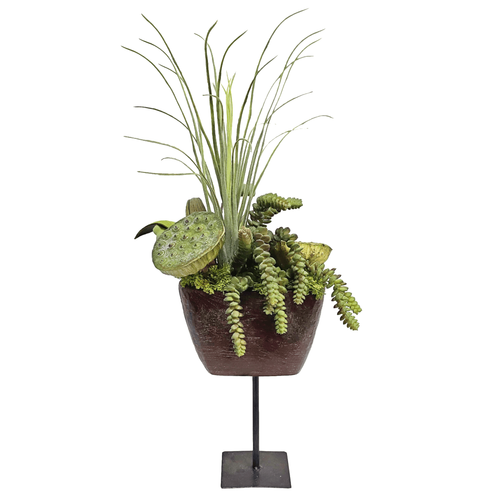 Lotus Pods, Grass and Burro's Tail in Antique Wood Cow Bell on Stand 26"H - LDF Silk