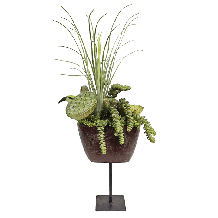 Lotus Pods, Grass and Burro's Tail in Antique Wood Cow Bell on Stand 26"H - LDF Silk