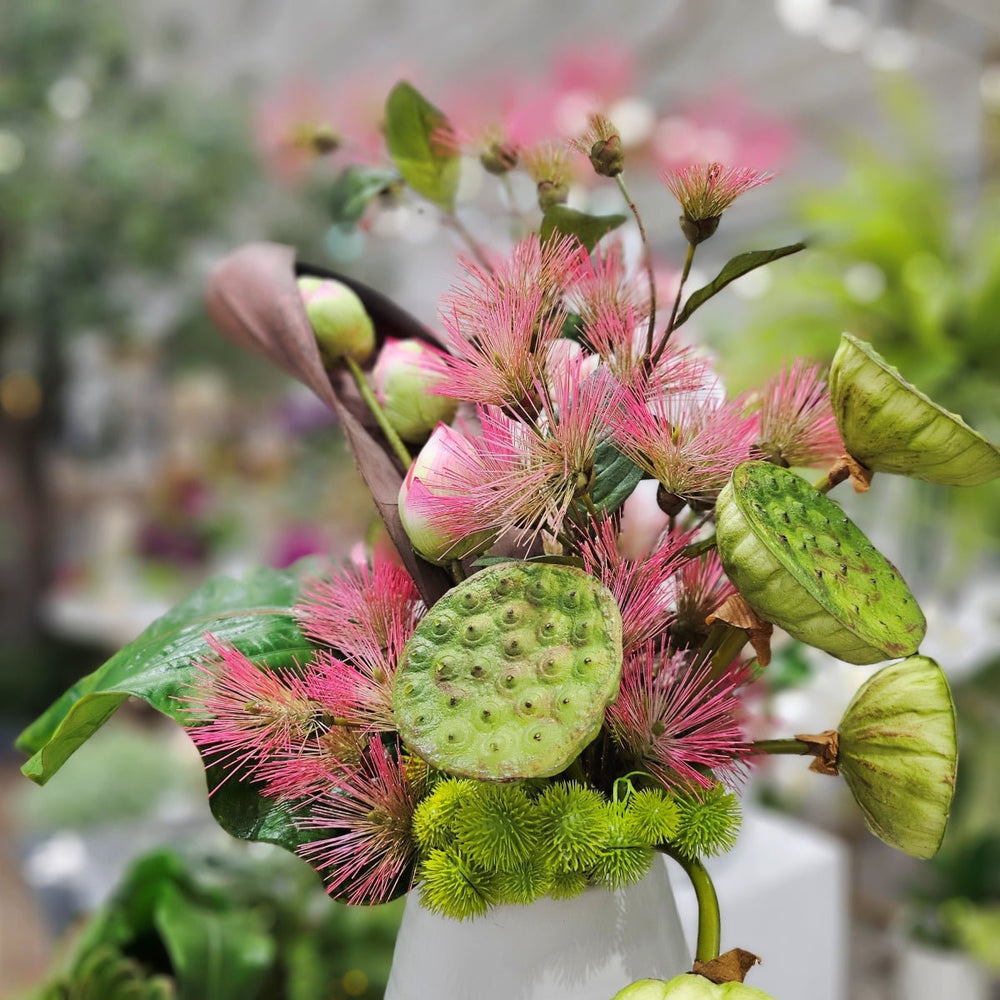 Lotus Pods, Spikey flowers, Palm Horn and Tropical Leaf in Vase. FH: 37"H - LDF SilkArtificial Flora