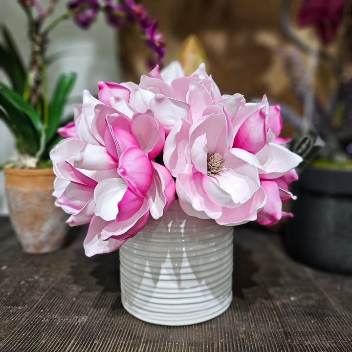 Magnolia Flowers and Leaves in Rippled Ceramic 14"H - LDF Silk