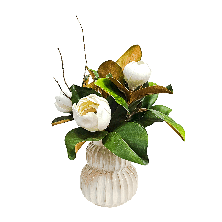 Magnolia Flowers and Leaves with Tigerwood in Ceramic Pot.21"H - LDF Silk