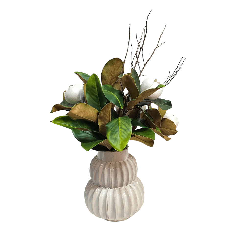 Magnolia Flowers and Leaves with Tigerwood in Ceramic Pot.29"H - LDF Silk