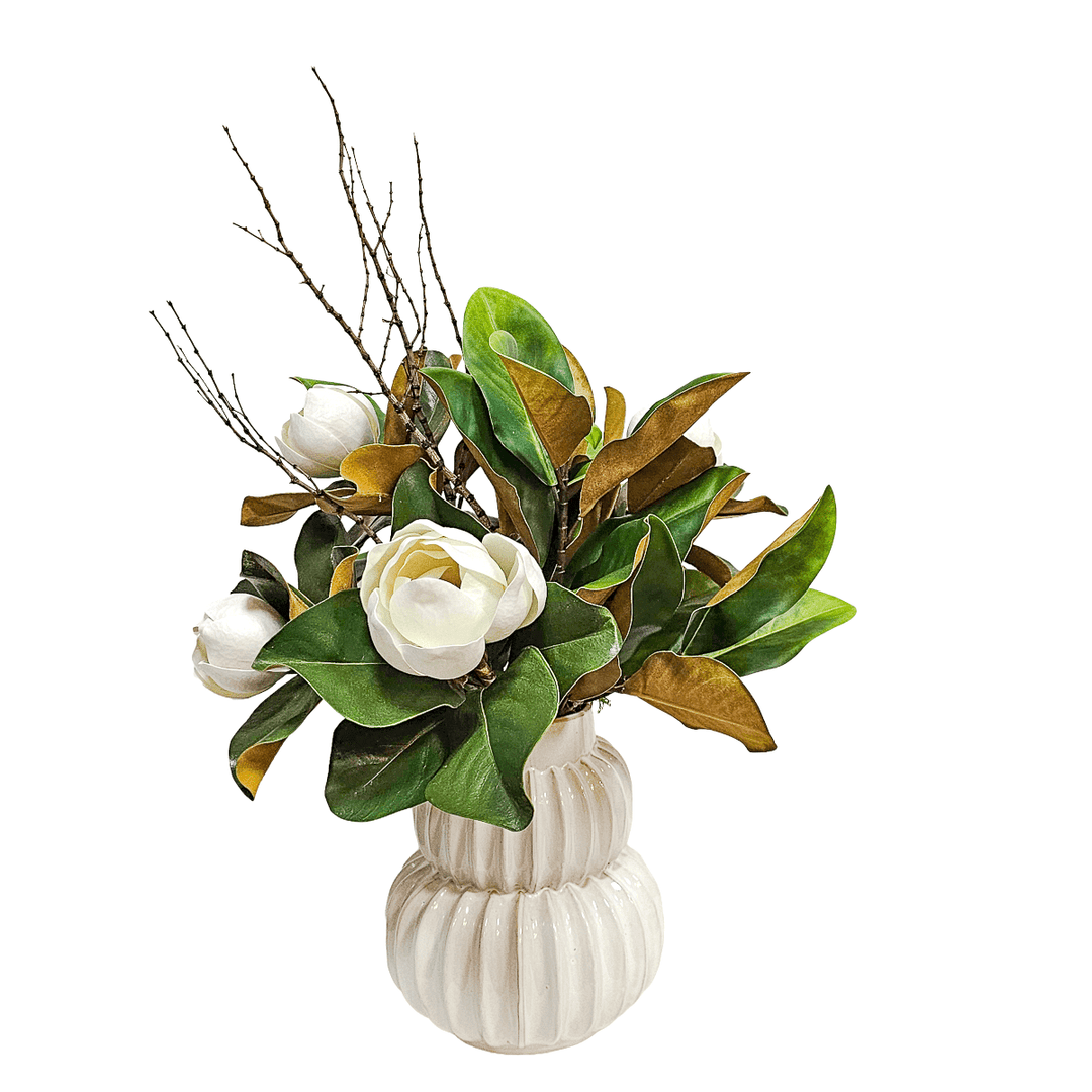 Magnolia Flowers and Leaves with Tigerwood in Ceramic Pot.29"H - LDF Silk