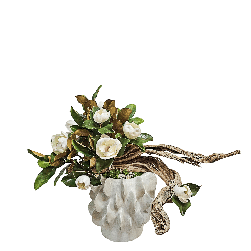 Magnolia Flowers on Ghostwood in Decorative Container 36"H - LDF Silk
