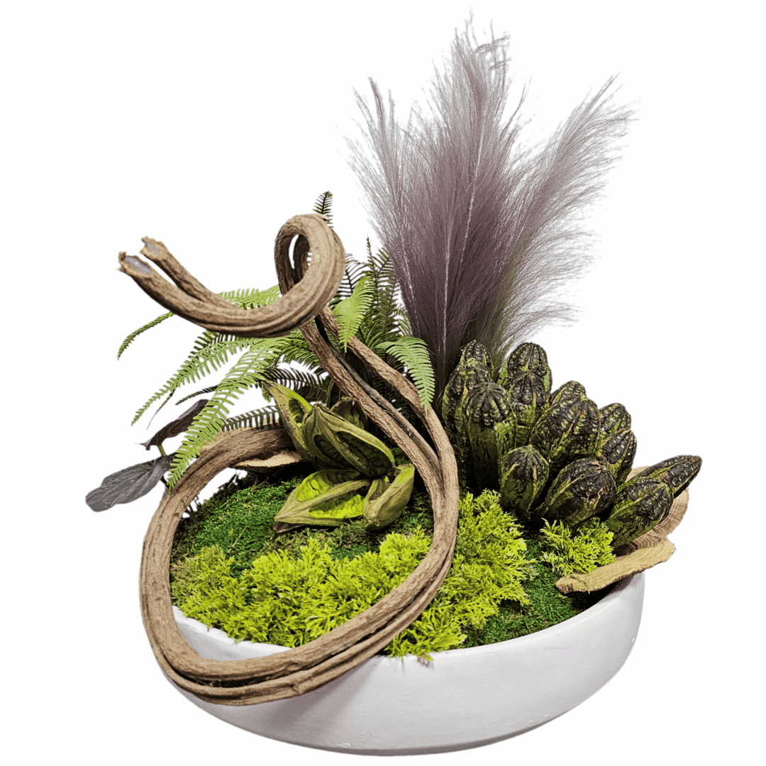 Mahogany, Sora Pods, Twisted Vine and Pampass in Round Low Bowl 19"H - LDF Silk
