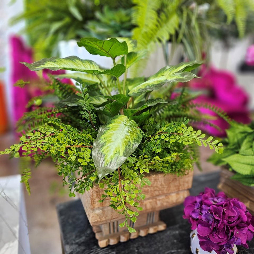Maidenhair Fern, Boston Fern, Rohdea Japonica Bush in Antique Wood Vessel. 20"H (One of a Kind) - LDF Silk