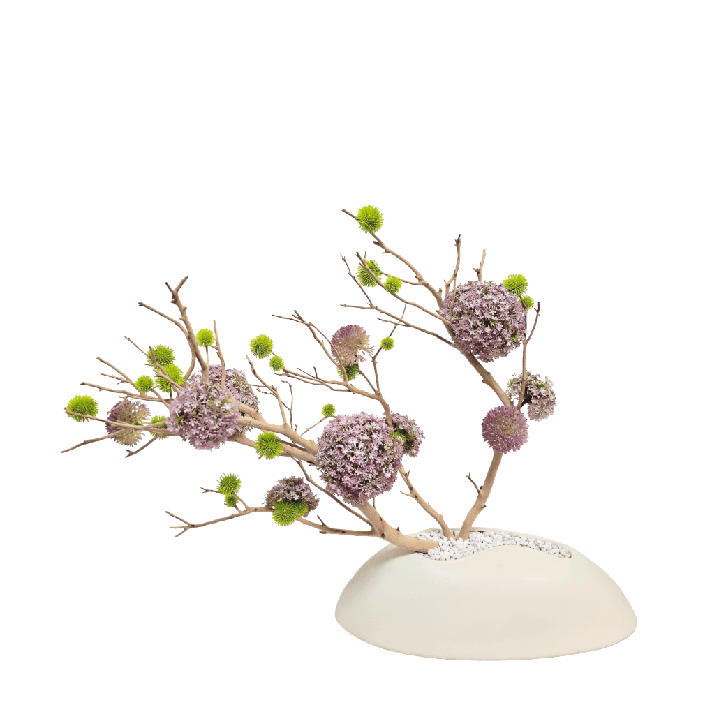 Manzanita with Hand Drilled Snowballs, Allium and Thistle in Organic Oval Container 25"H X 32"W X 14"D - LDF Silk