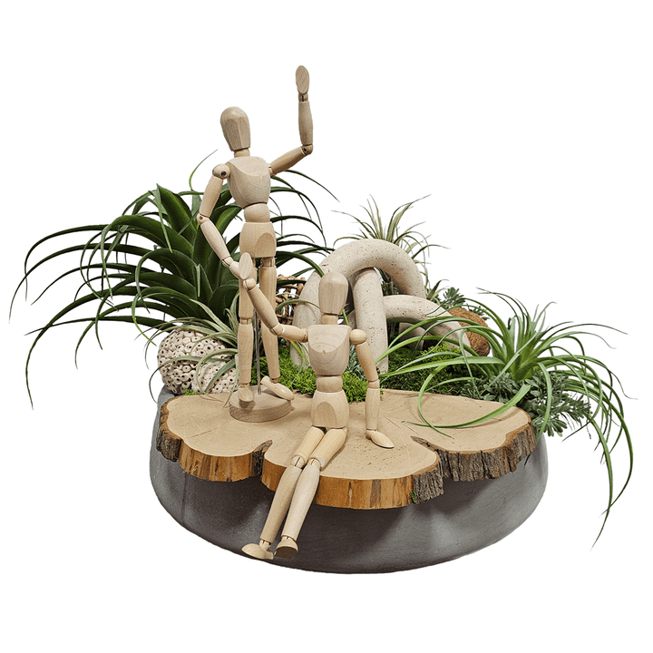 Marble Arches with Tillandsia, Natural Fiber Spheres with Wood Slice and Posable People in Concrete Bowl 20"H - LDF Silk