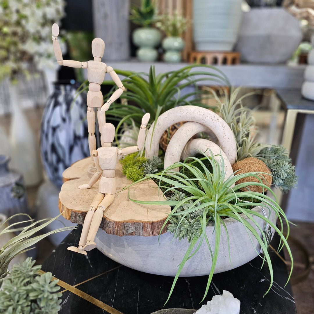 Marble Arches with Tillandsia, Natural Fiber Spheres with Wood Slice and Posable People in Concrete Bowl 20"H - LDF Silk