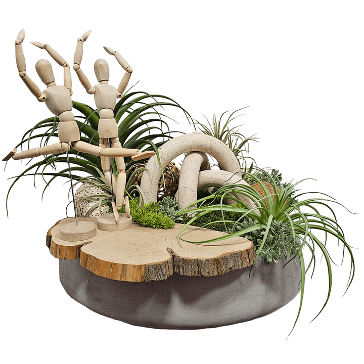 Marble Arches with Tillandsia, Natural Fiber Spheres with Wood Slice and Posable People in Concrete Bowl 20"H - LDF Silk
