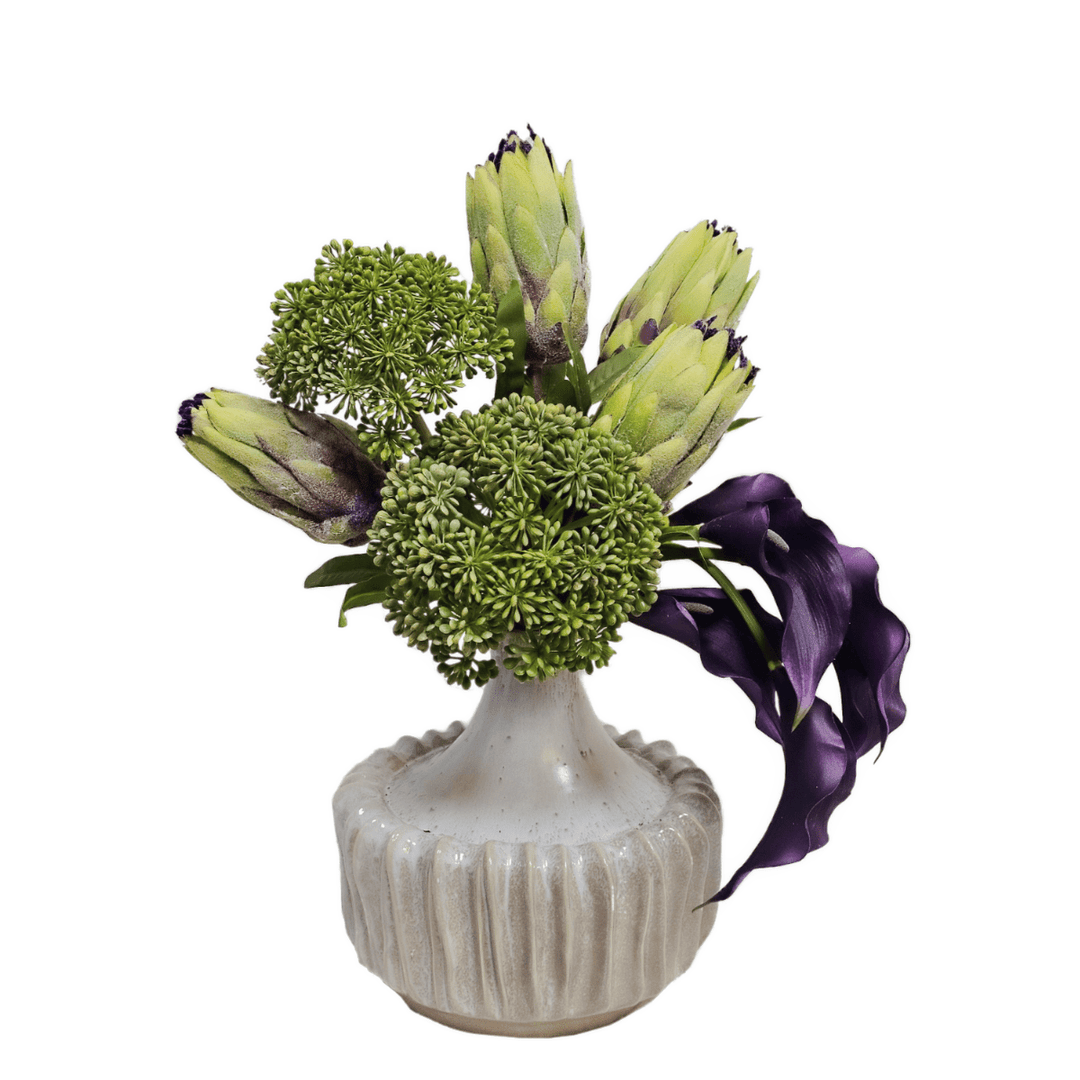 Mink Protea, Calla Lily, and Seeded Allium in Vase. 21"H - LDF Silk