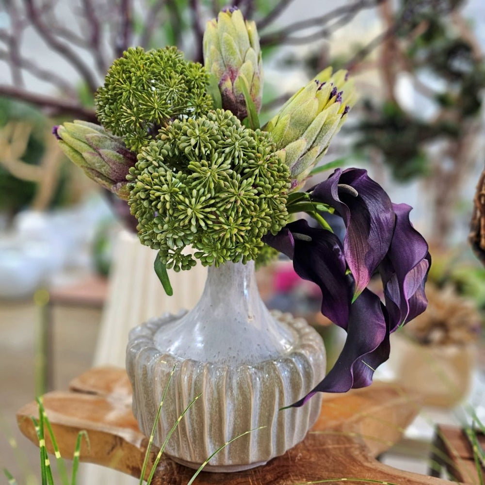 Mink Protea, Calla Lily, and Seeded Allium in Vase. 21"H - LDF Silk