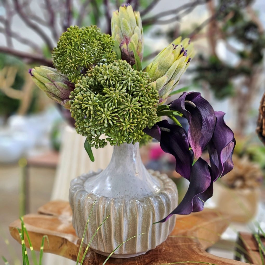 Mink Protea, Calla Lily, and Seeded Allium in Vase. 21"H - LDF Silk