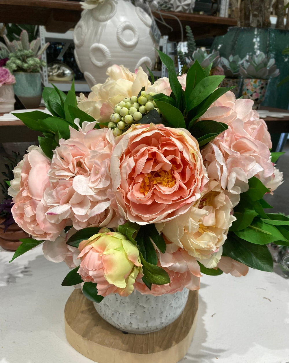 Mix of Peonies and Laurel Leaf in Ceramic FH: 16" - LDF Silk