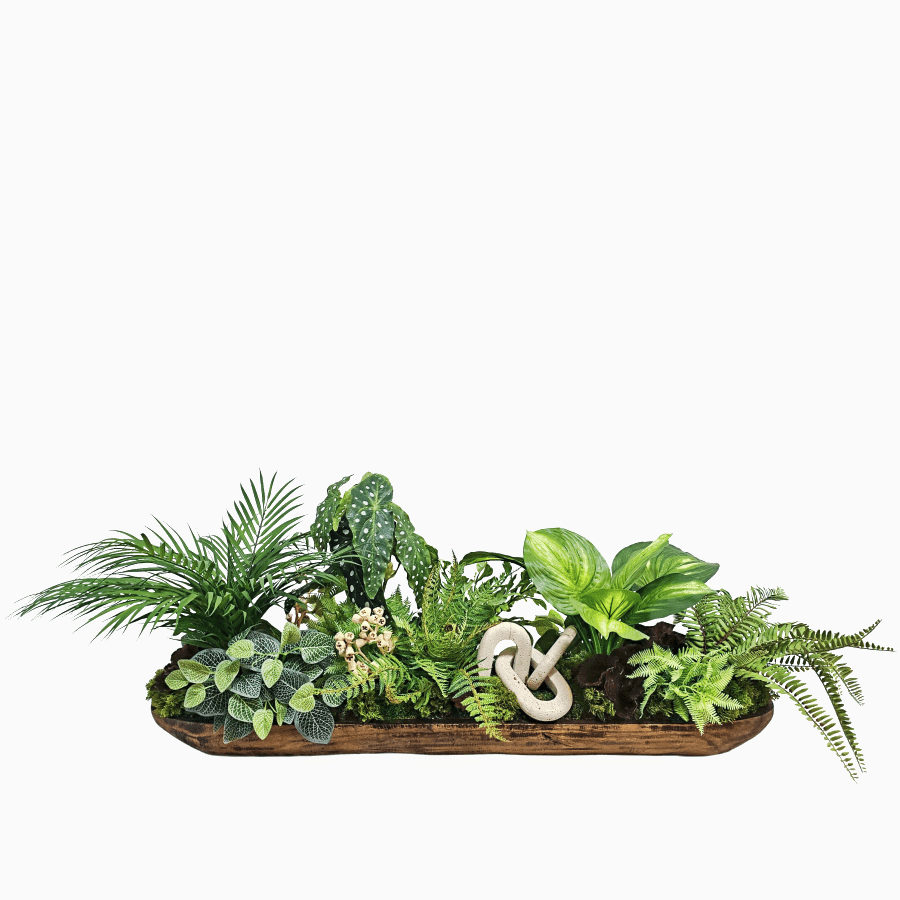 Mixed Bushes with Forest Fern, Oval Orn, and Natural Calic in Long Wooden Tray 18"H x 51"W x 24"D - LDF Silk