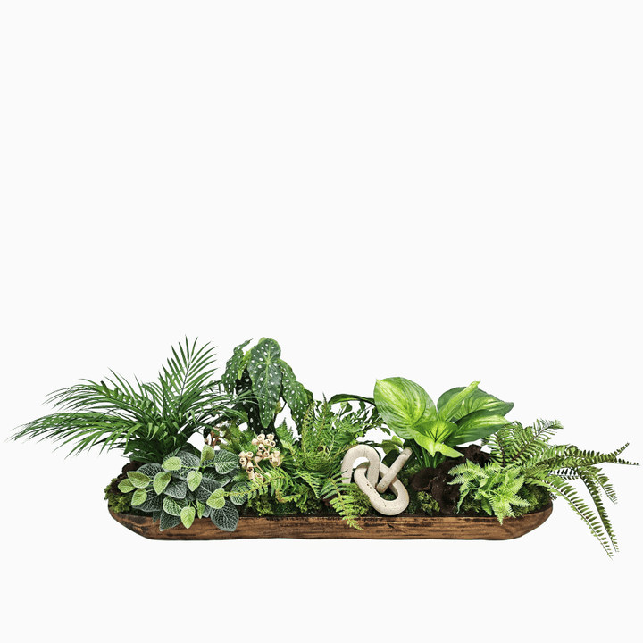 Mixed Bushes with Forest Fern, Oval Orn, and Natural Calic in Long Wooden Tray 18"H x 51"W x 24"D - LDF Silk