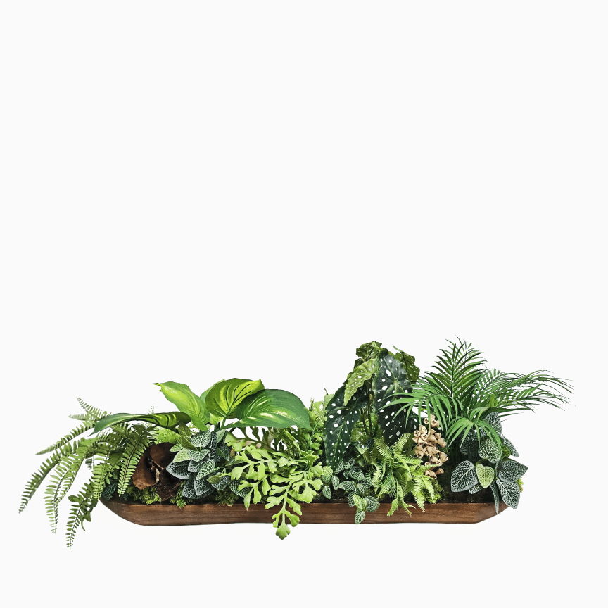 Mixed Bushes with Forest Fern, Oval Orn, and Natural Calic in Long Wooden Tray 18"H x 51"W x 24"D - LDF Silk