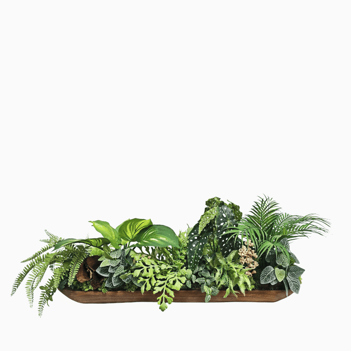 Mixed Bushes with Forest Fern, Oval Orn, and Natural Calic in Long Wooden Tray 18"H x 51"W x 24"D - LDF Silk