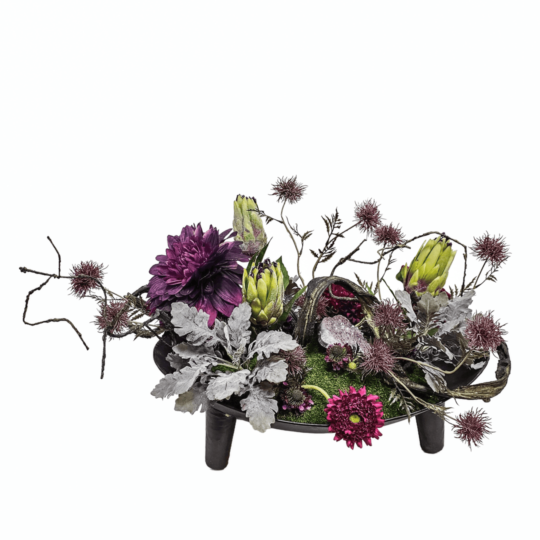 Mixed Florals, Dusty Miller, Twing Garland, Scabiosa, and Amethyst in Iron Bowl. 19"H - LDF Silk