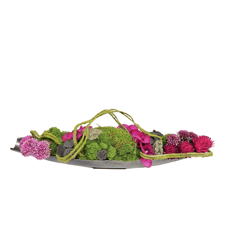 Mixed Florals, Lotus Pods, and Moss Twig with Pyrite Crystals in Metal Boat 8.5"H - LDF Silk
