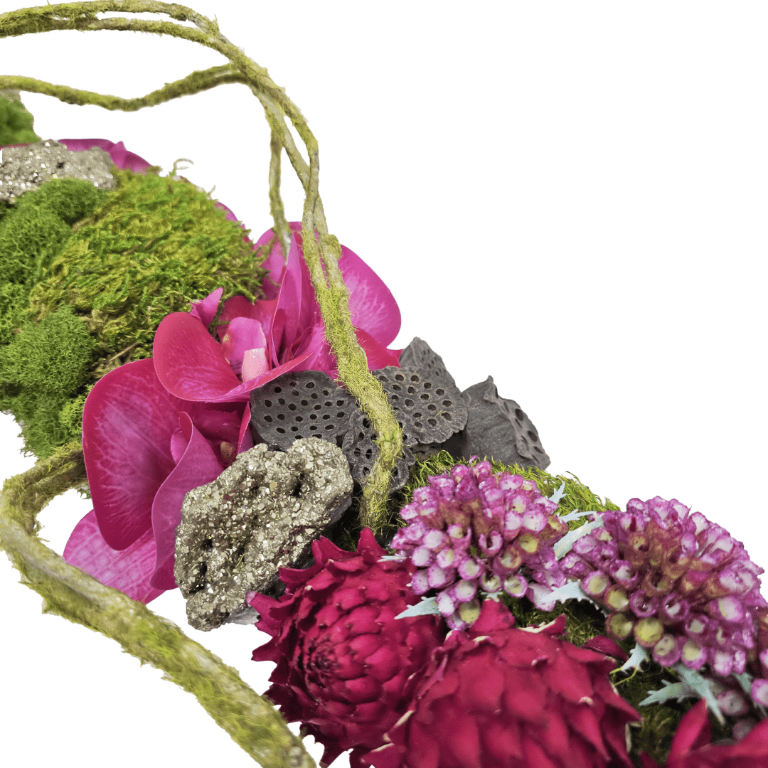 Mixed Florals, Lotus Pods, and Moss Twig with Pyrite Crystals in Metal Boat 8.5"H - LDF Silk