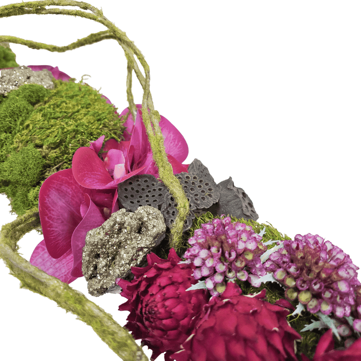 Mixed Florals, Lotus Pods, and Moss Twig with Pyrite Crystals in Metal Boat 8.5"H - LDF Silk