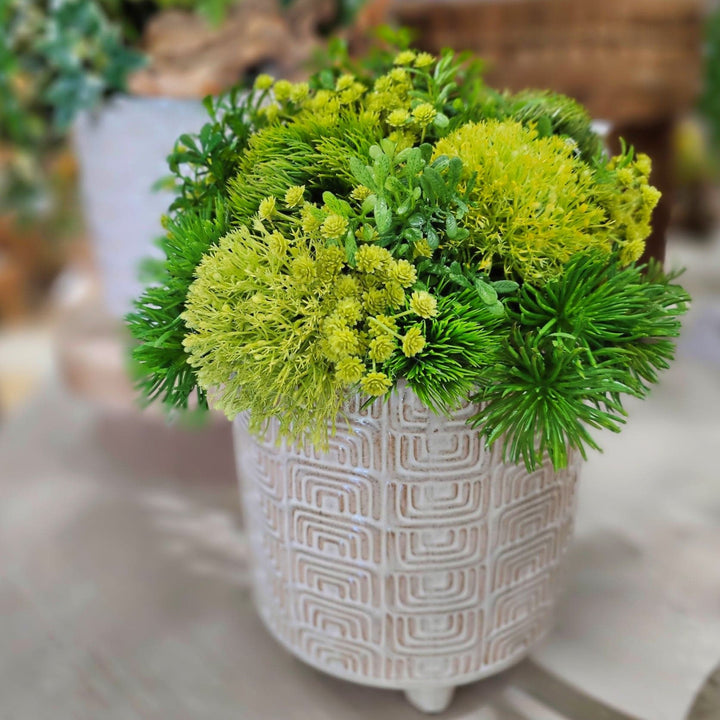Mixed Green Elements in Patterned Beige Ceramic 12"H - LDF Silk