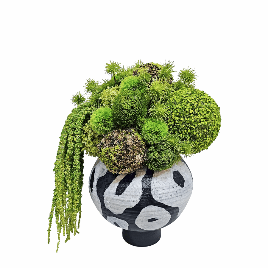Mixed Greenery Spheres with Agapanthus in Hand Painted Vase 20"H X 18"W X 15"D - LDF Silk