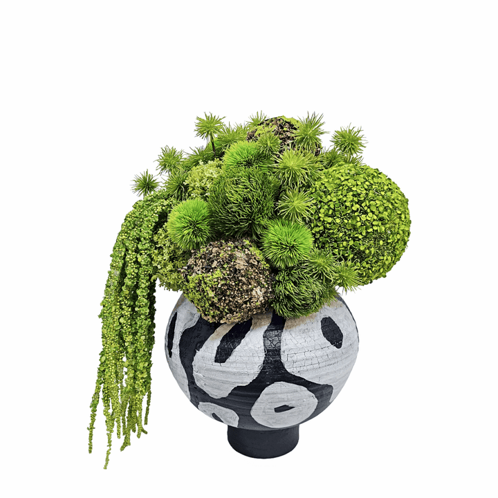 Mixed Greenery Spheres with Agapanthus in Hand Painted Vase 20"H X 18"W X 15"D - LDF Silk
