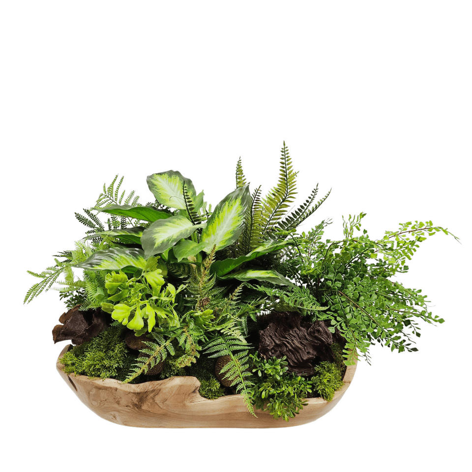 Mixed Greenery, Wood Fragment and Calice in Organic Wood Oval 19"H X 33"W X 22"D - LDF Silk