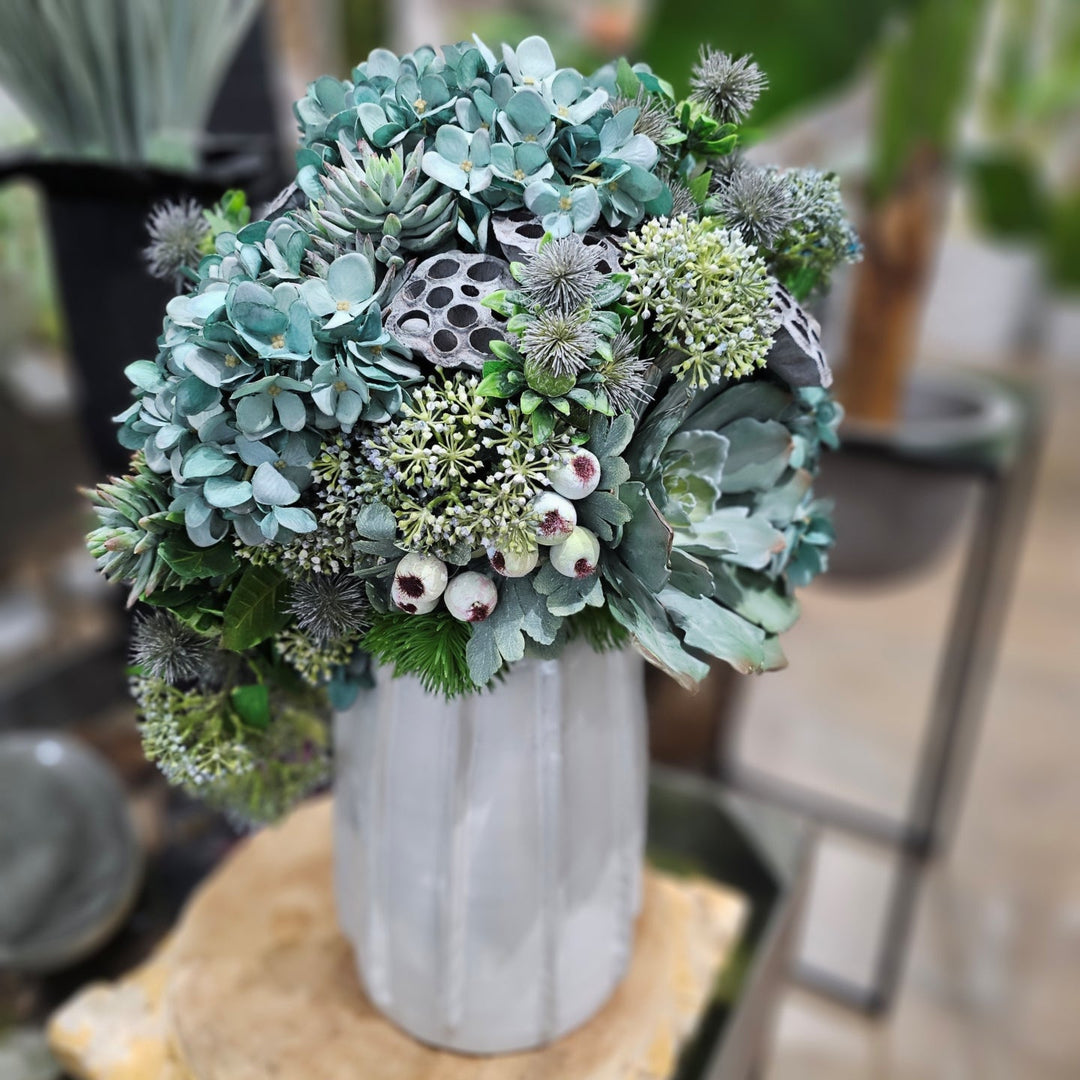 Mixed Hydrangeas, Allium, Succulent, Thistle and Lotus Pods. FH: 26"H - LDF SilkArtificial Flora