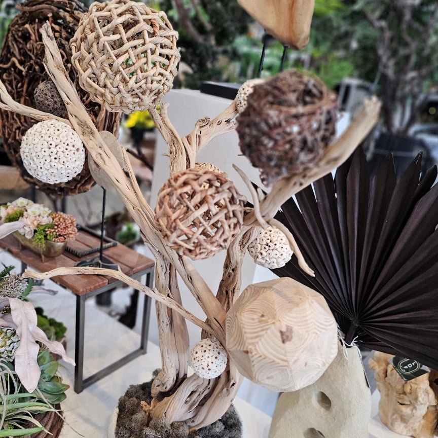 Mixed Natural Spheres on Sandblasted Ghostwood Sculpture in Ribbed Ceramic 36"H - LDF Silk