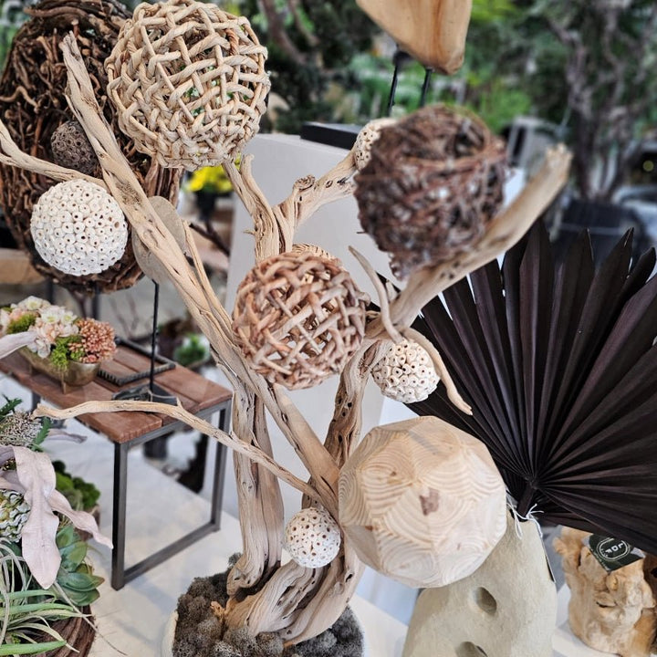 Mixed Natural Spheres on Sandblasted Ghostwood Sculpture in Ribbed Ceramic 36"H - LDF Silk