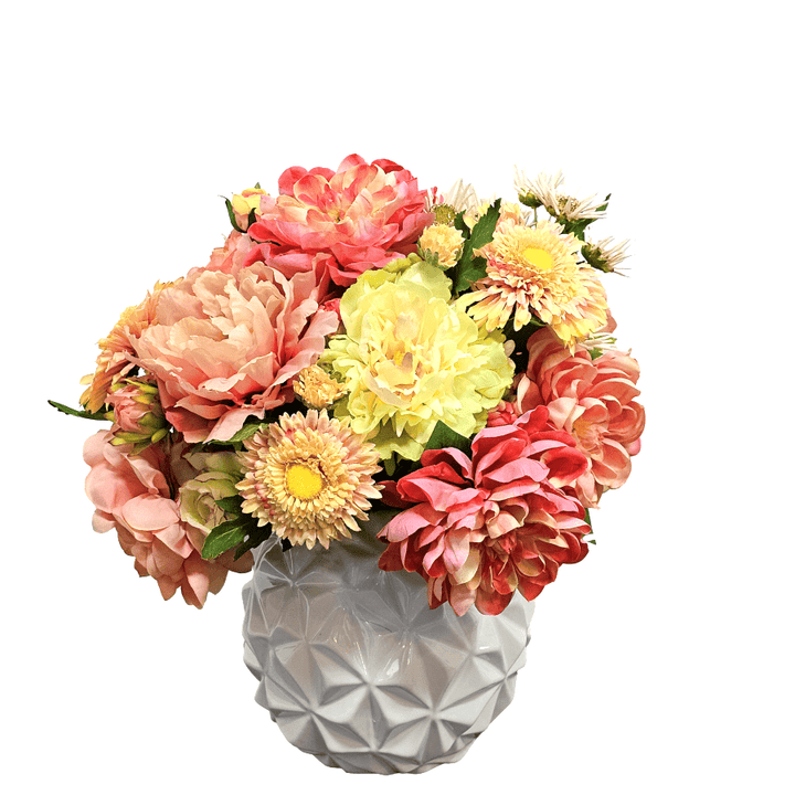 Mixed Peonies, Dahlias and Daisies in Geometric Vase 15"H - LDF Silk