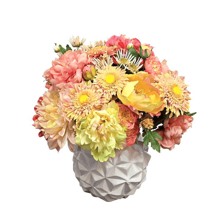 Mixed Peonies, Dahlias and Daisies in Geometric Vase 15"H - LDF Silk