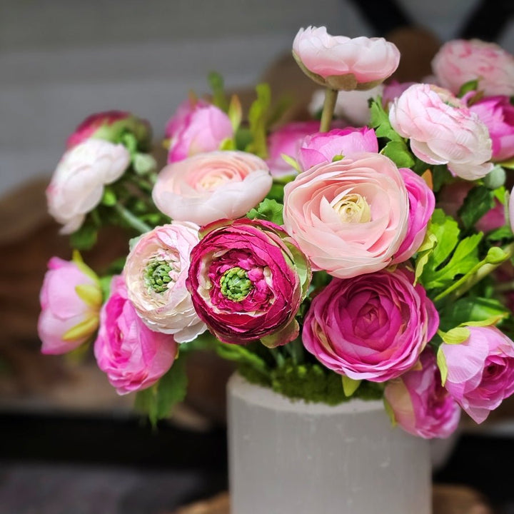 Mixed Pink Ranunculus in Selenite Vase 15"H - LDF Silk