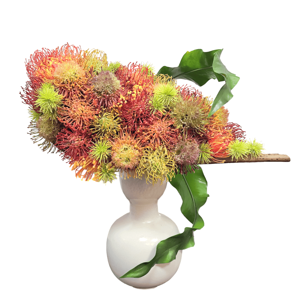 Mixed Protea on Coco Palm Leaf with Tropical Leaves in Ceramic 22"H - LDF Silk
