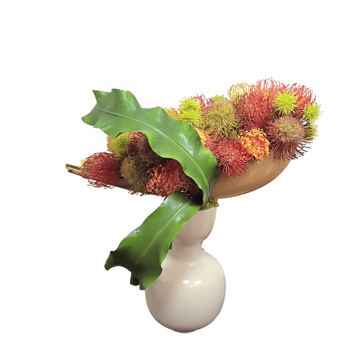Mixed Protea on Coco Palm Leaf with Tropical Leaves in Ceramic 22"H - LDF Silk