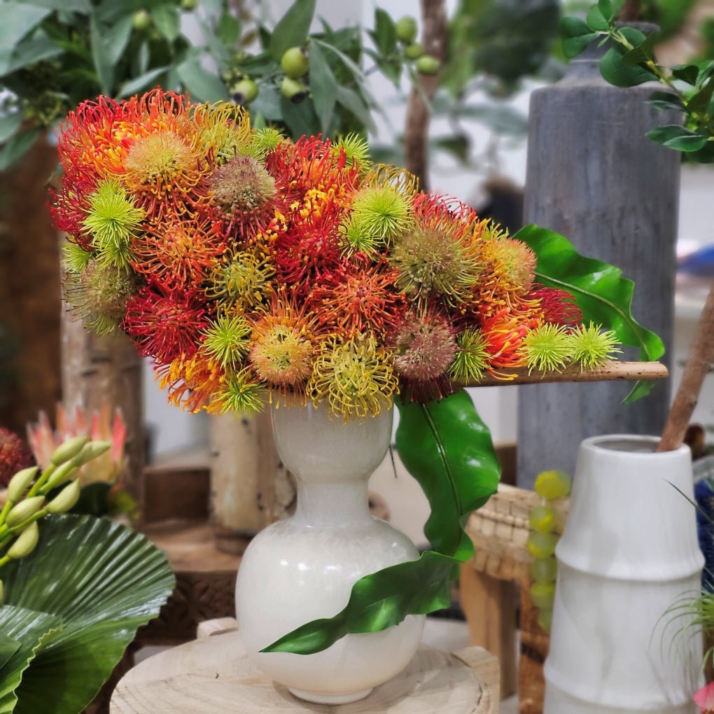 Mixed Protea on Coco Palm Leaf with Tropical Leaves in Ceramic 22"H - LDF Silk