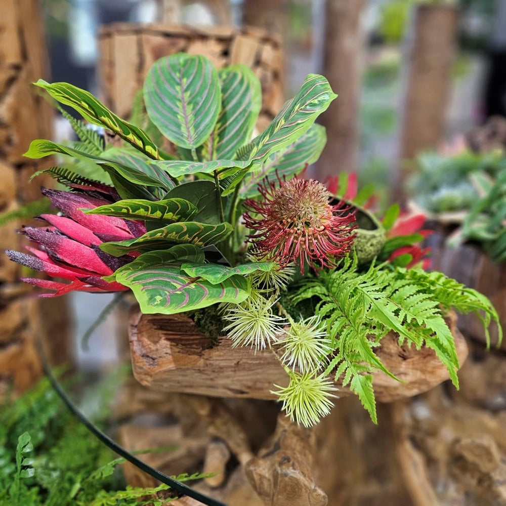 Mixed Protea with Ferns in Wood Container 16"H - LDF Silk