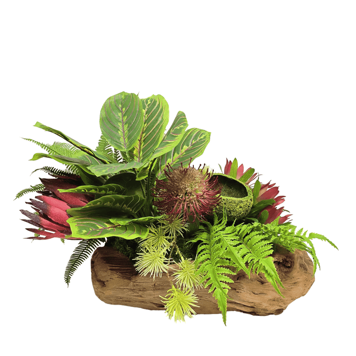 Mixed Protea with Ferns in Wood Container 16"H - LDF Silk