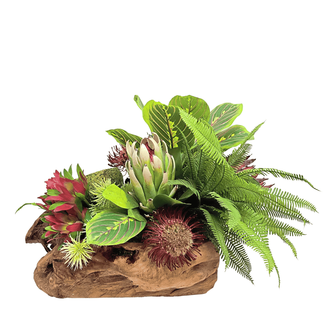 Mixed Protea with Ferns in Wood Container 16"H - LDF Silk