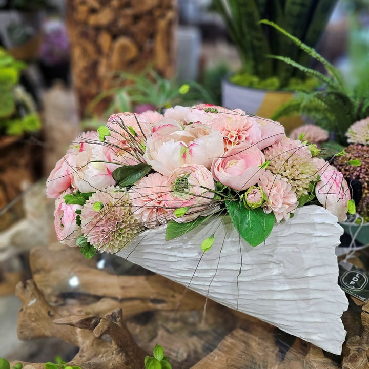 Mixed Ranunculus, Peony and Dahlias in Textured Ceramic 12"H - LDF Silk