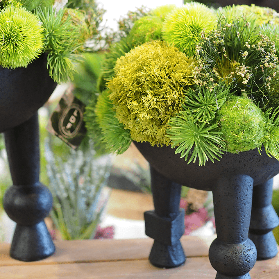 Mixed Spheres and Cyperus Grass in Geometric Bowl on Legs 14"H - LDF Silk