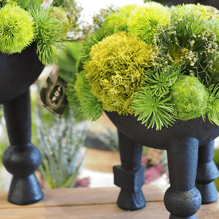 Mixed Spheres and Cyperus Grass in Geometric Bowl on Legs 14"H - LDF Silk