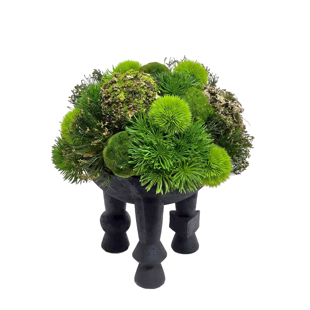 Mixed Spheres and Cyperus Grass in Geometric Bowl on Legs 14"H - LDF Silk