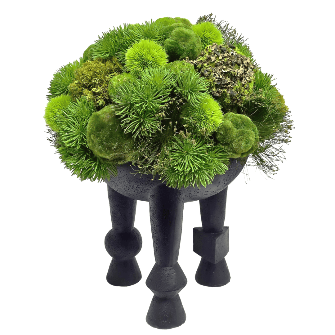 Mixed Spheres and Cyperus Grass in Geometric Bowl on Legs 20"H - LDF Silk
