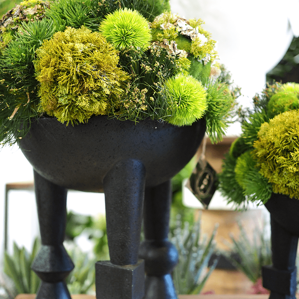Mixed Spheres and Cyperus Grass in Geometric Bowl on Legs 20"H - LDF Silk