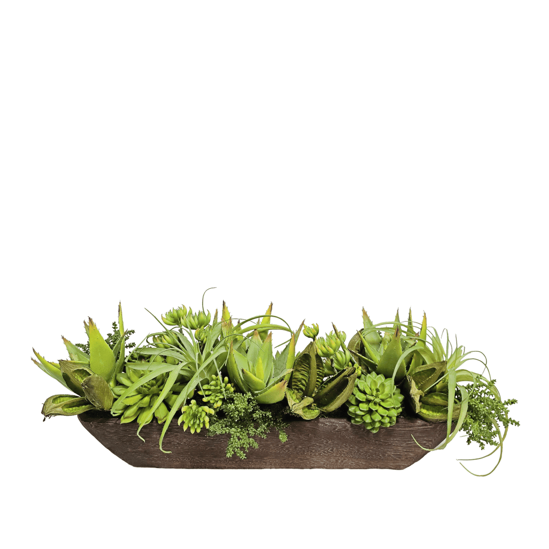 Mixed Succulents and Sora Pods in Wooden Trough 11"H - LDF Silk
