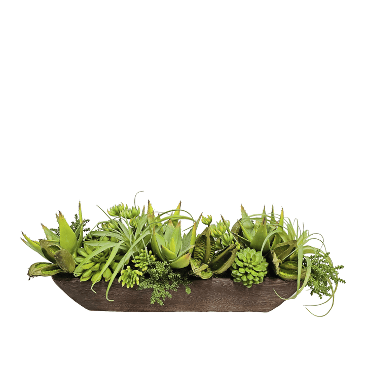 Mixed Succulents and Sora Pods in Wooden Trough 11"H - LDF Silk